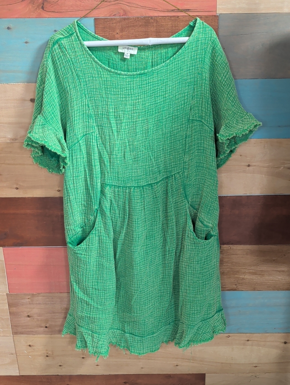 Umgee Bright Green Textured Mini Dress with Front Pockets